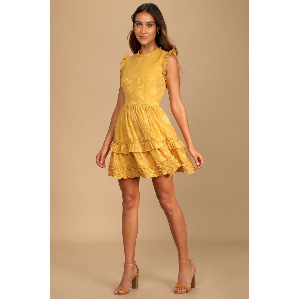 Lulus True as Can Be Mustard Yellow Burnout Floral Ruffled Mini Dress NWT XL - Picture 3 of 10